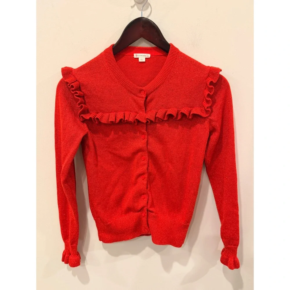 Crewcuts Girls Red Metallic Ruffle Cardigan Sweater AB666 Size 14 Holiday